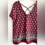 Sienna Sky  Maroon/Blue/Tan Paisley Print Short Sleeve Blouse, Size Medium Photo 14