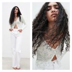 ZARA Women's Floral Print Knit V Neck Long Sleeve Crop Top White Blue Size Small Photo 1