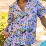 Print Fresh Pajama Sleep Top Size XS Purple Meowing Mermaids Cat Cotton Button Photo 0