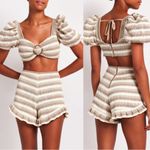 NWT PatBo Striped Crochet tan cream natural puff sleeve crop top sz 8 40 Photo 1