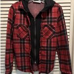 No Boundaries  Long Sleeve Flannel Shirt Zip/Button Hood Plaid Size Sm Red/Blk Photo 0