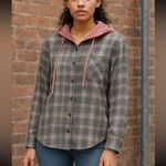 Apricot Lane Flannel Plaid Long Sleeve Front Button Closure With Hood Shirt Gray Small Cotton Photo 1