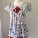 White & Black Tasseled Square Neck Short Sleeve Blouse Made in Thailand Size XS Photo 0