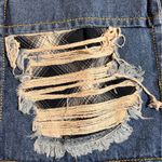 POL Blue Denim Mini Skirt distressed w lined plaid patches casual denim summer Photo 1