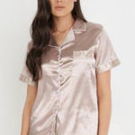 Women’s Light Pink Satin Button Down Pajama Top Photo 0