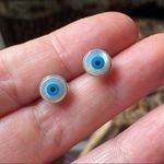 Evil Eye Shell And Turquoise solid Sterling Silver Stud Earrings Blue Photo 3