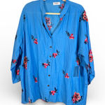 Kindred  Blue Red Embroidered Floral Button Down Shirt Womens 3X Boho Festival Photo 0