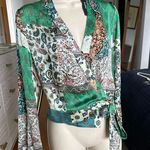 Lulus *NWT* Lulu’s Green Satin Scarf Print Wrap Top Photo 0