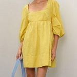 STAUD Sophie Yellow Pull Sleeves Square Neck A-Line Babydoll Mini Dress Size L Photo 0