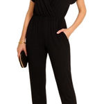 Loveappella Lovcappelia Black Surplice Jumpsuit Soft Stretch Knit with Pockets & Cuffed Hem Photo 0