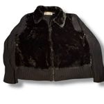Vintage 90s Black Faux Fur Front Zip Jacket Ribbed Knit Collared XL Classic Warm Photo 5