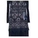 Bronx and Banco Allegra Midi Black Guipure Lace Tan Fringe Midi Dress NWT Large Photo 4