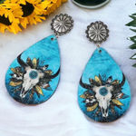 Handmade Wooden double sided western style retro‎ bullhead waterdrop dangle earrings Photo 0