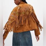 Free People  Willa Western Bomber Tan Leather Jacket with Fringe Embroidery Photo 1