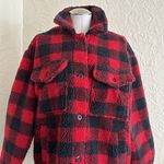 American Eagle  Red Black Buffalo Check Plaid Sherpa Teddy Jacket Coat Medium Photo 2