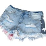 Red White & Blue Stars Flag Style Denim Jean Shorts Women’s 4 USA Distressed fit Photo 0