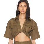 L'Academie  Revolve Chrisa Crop Tie Blouse Olive Green Size Small NWT Linen Photo 0