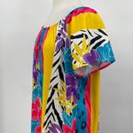 Vintage 80s Mumu Mini Dress Tropical Floral Colorblock Stripe Animal Print Aline Blue Size 16 Photo 7