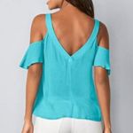 Venus  Strappy Detail V-Neck Top Turquoise Blue Cold Shoulder Short Sleeve Boho Photo 2