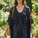 Solitaire  Swimsuit Cover Up Women Black Crochet Lace Sheer Mesh Fringe T… Photo 0