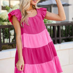Hudson Gray Pink Crinkled Colorblock Patchwork Flutter Tiered Mini Dress Photo 0