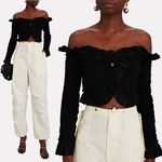 Alexander Wang Black Off the Shoulder Crop Ruffled Stretch-Seersucker Cardigan Photo 1
