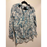 Tahari Blue & White 100% Linen Floral/Bird Print Blouse Sm Photo 1