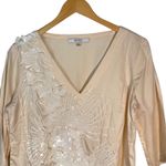 Badgley Mischka Embellished Top Sequins Floral Cotton V Neck Blouse Size 8 Tan Photo 2