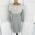 Umgee Striped Crochet Lace Shoulder Tee Shirt Dress Gray Ivory Medium Photo 3