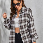SheIn Women’s Brown Black Plaid Drop Shoulder Oversized Button Front Top Medium Photo 0