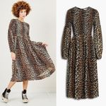 Ganni  Leopard Animal Print Brown Georgette Smocked Long Sleeve Midi Dress Size 4 Photo 1