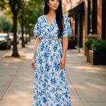 Seta T Floral Maxi Dress V Neck Short Sleeve Casual Summer Dress XL Blue Photo 1