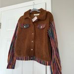 Southern Grace Bohemian Colorful Print Sleeve Brown Sherpa Lightweight Jacket Photo 2