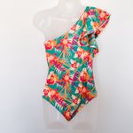 NWT Maree Maree One Shoulder Floral Print Ruffle Swimsuit US 6 Tropical Resort Green Photo 3