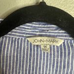 John Mark  Button Up Linen Top Women's 1X Blue White Stripe Roll‎ Tab Fringe Photo 1