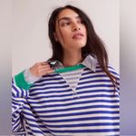 Free People NEW! Classic Striped Oversized Crewneck M Blue Green Sweatshirt Photo 2