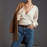 Anthropologie  Twofer Faux-Wrap Sweater Blouse with Lace Puffed Sleeves, Size S Photo 2