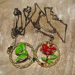 Vintage Green Calla Lilly & Red Rose Flower Gold Tone Necklaces Photo 7