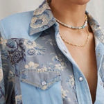 Love the Label by Anthropologie Floral Western Snap Button Shirt Blue Gray S Photo 0