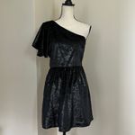 7 For All Mankind One Shoulder Ruffle Dress in Black Shine Small Photo 3