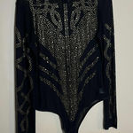 Long Sleeve Sequin Glitter Mock Turtle Neck Sheer Mesh Black And Gold Bodysuit Size L Photo 0