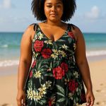 Summer Mae Black Floral Print Swimdress Plus Size 3XL Womens Swimsuit Photo 0