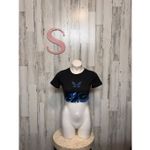 Blue Butterfly Graphic Crop Top Black Short Sleeve Stretch Tee Size Small Photo 1