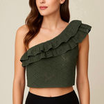 ZARA RUFFLED ASYMMETRIC TOP BLACK EYELET Size L Photo 0