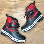 Madden Girl Chill Black and Red Buffalo Check Plaid Winter Rain Duck Boots Photo 1
