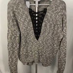 EXPRESS  Women's Gray Marled Lace Up V Neck Long Sleeve Knit Sweater Size S Photo 0