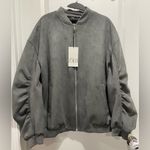 ZARA  Faux Suede Bomber Jacket Ruched Sleeves Grey Size Large Photo 6