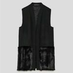 ZARA  Black Wool Blend Faux Fur Jacket Vest Pockets Women Size Small S Oversized Photo 11