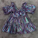 QOS Oil Spill Holo Poof Sleeve Shimmery Faux Leather Mini Dress XS New Purple Photo 2