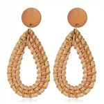 Rattan Teardrop Shape Wooden Drop Boho Earrings Tan Photo 2
